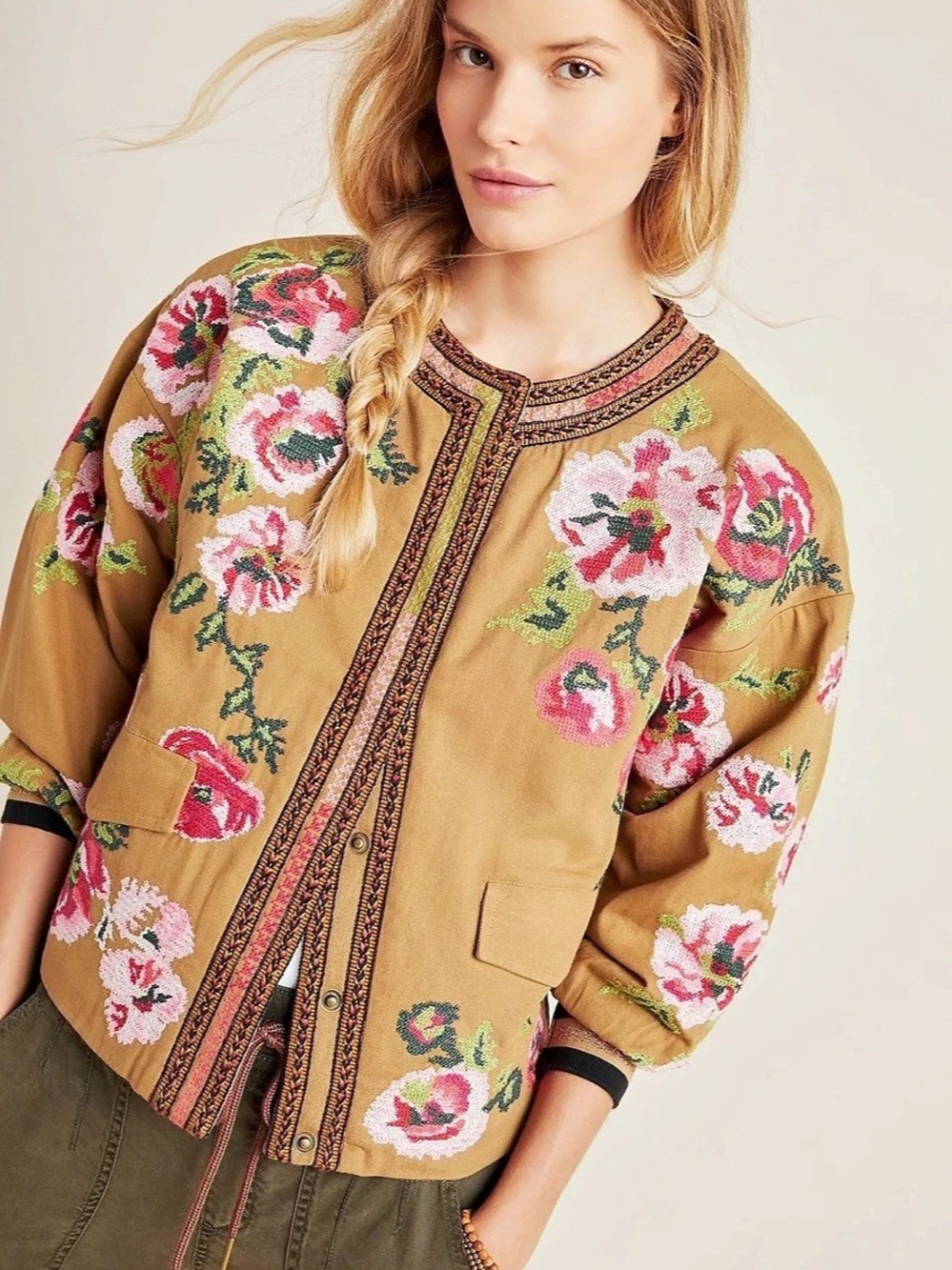 Anthropologie | Floral Needlepoint Embroidered Bomber in Brown | Size Small